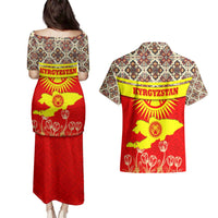 Kyrgyzstan Eagle and Tulip Couples Matching Puletasi and Hawaiian Shirt with Red Ethnic Pattern with National Sun Emblem - Wonder Print Shop