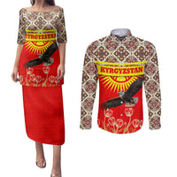 Kyrgyzstan Eagle and Tulip Couples Matching Puletasi and Long Sleeve Button Shirt with Red Ethnic Pattern with National Sun Emblem - Wonder Print Shop