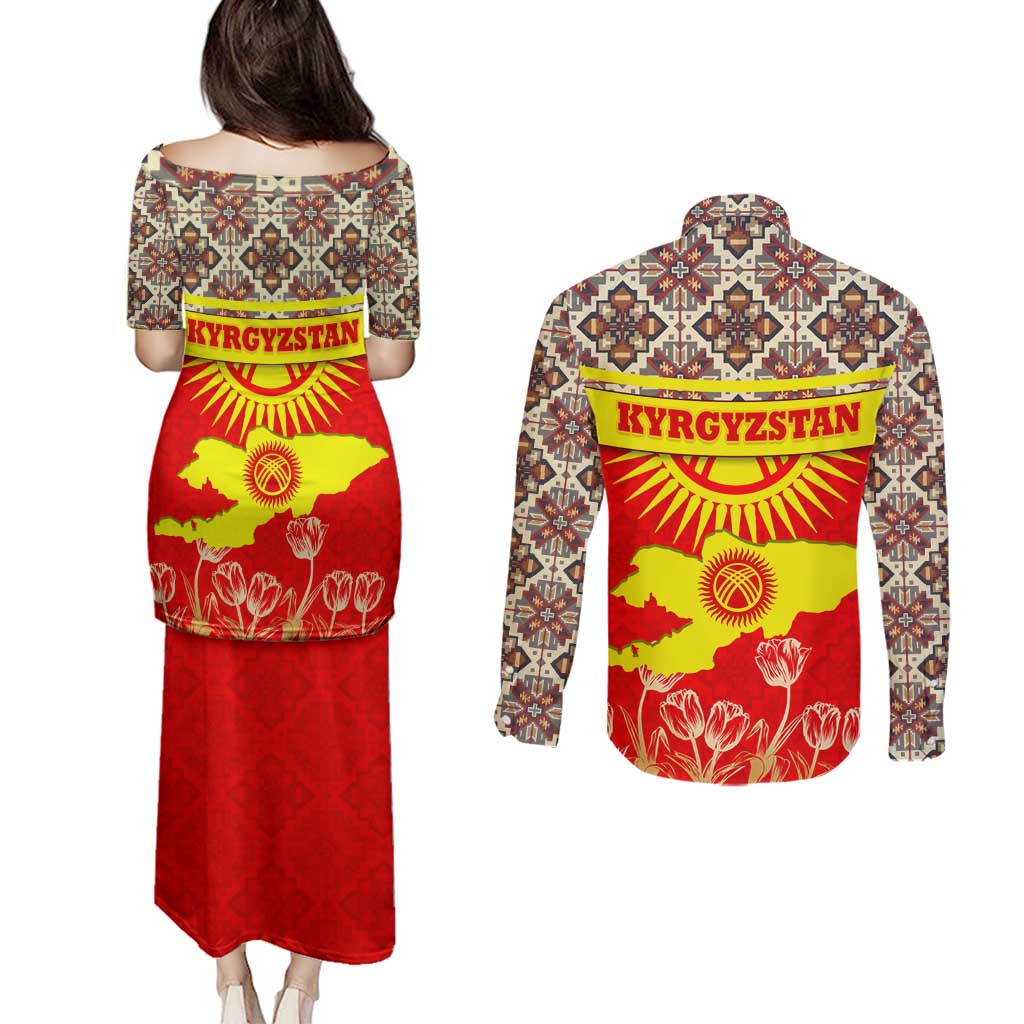 Kyrgyzstan Eagle and Tulip Couples Matching Puletasi and Long Sleeve Button Shirt with Red Ethnic Pattern with National Sun Emblem - Wonder Print Shop