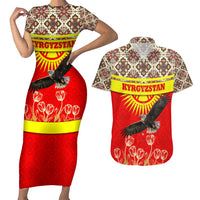 Kyrgyzstan Eagle and Tulip Couples Matching Short Sleeve Bodycon Dress and Hawaiian Shirt with Red Ethnic Pattern with National Sun Emblem - Wonder Print Shop
