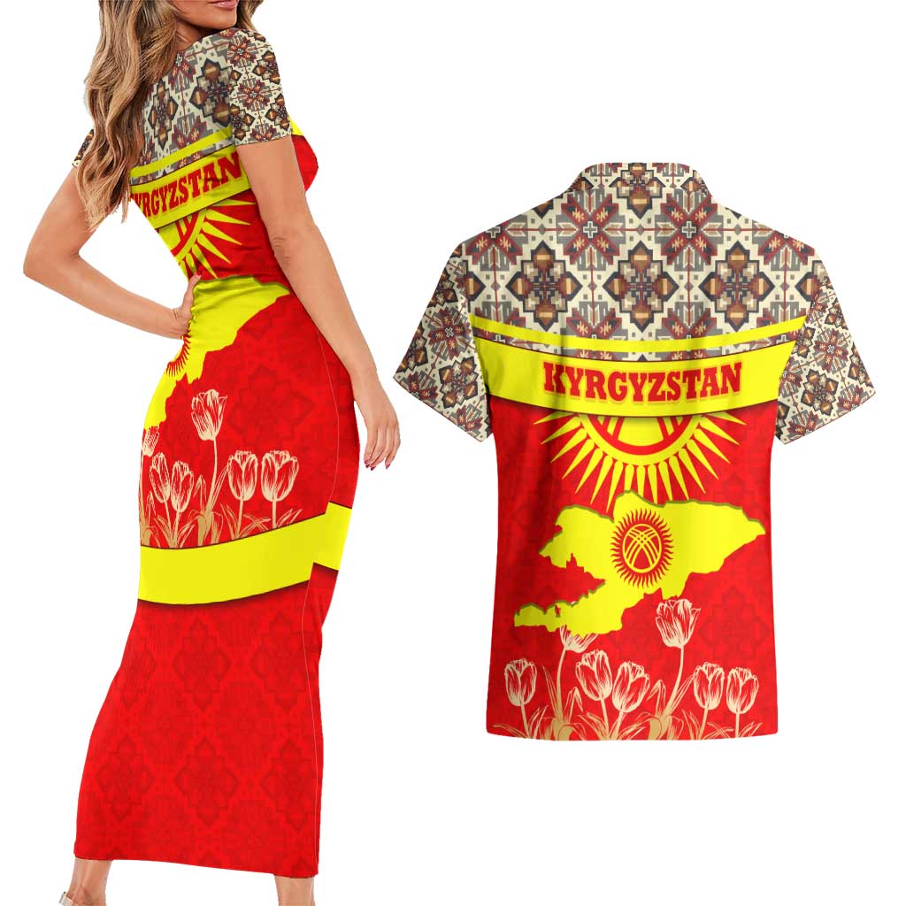 Kyrgyzstan Eagle and Tulip Couples Matching Short Sleeve Bodycon Dress and Hawaiian Shirt with Red Ethnic Pattern with National Sun Emblem - Wonder Print Shop