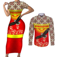 Kyrgyzstan Eagle and Tulip Couples Matching Short Sleeve Bodycon Dress and Long Sleeve Button Shirt with Red Ethnic Pattern with National Sun Emblem - Wonder Print Shop