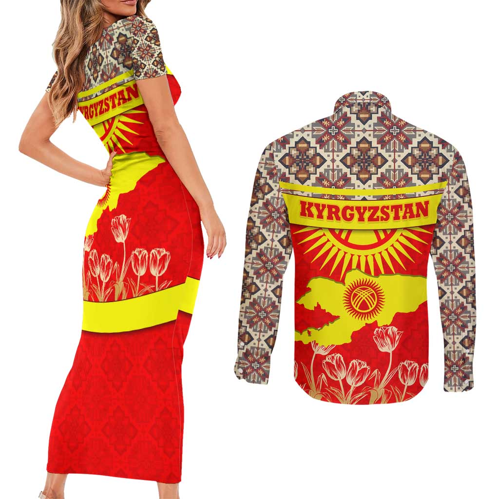 Kyrgyzstan Eagle and Tulip Couples Matching Short Sleeve Bodycon Dress and Long Sleeve Button Shirt with Red Ethnic Pattern with National Sun Emblem - Wonder Print Shop