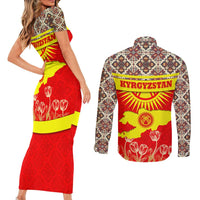 Kyrgyzstan Eagle and Tulip Couples Matching Short Sleeve Bodycon Dress and Long Sleeve Button Shirt with Red Ethnic Pattern with National Sun Emblem - Wonder Print Shop