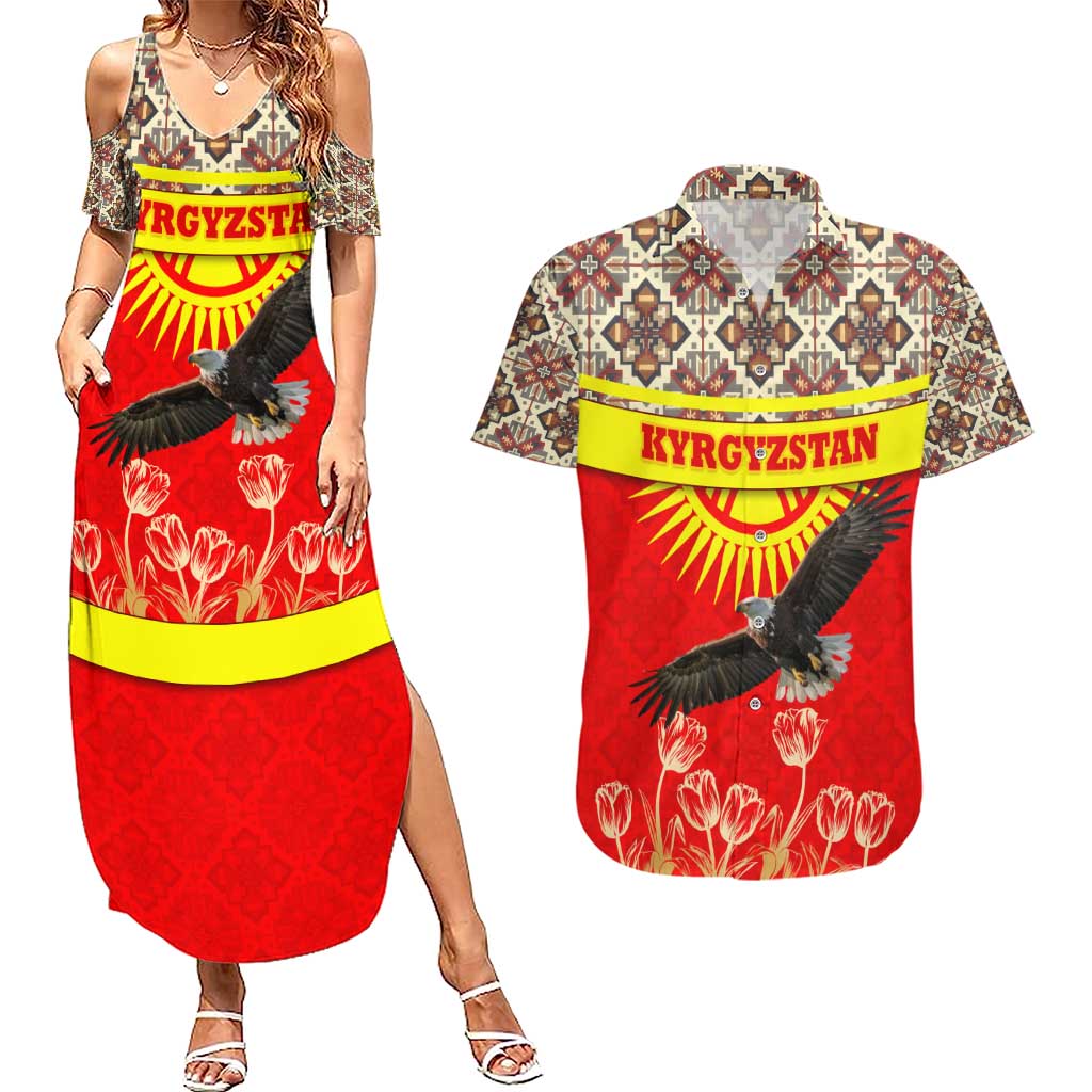 Kyrgyzstan Eagle and Tulip Couples Matching Summer Maxi Dress and Hawaiian Shirt with Red Ethnic Pattern with National Sun Emblem - Wonder Print Shop