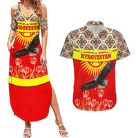 Kyrgyzstan Eagle and Tulip Couples Matching Summer Maxi Dress and Hawaiian Shirt with Red Ethnic Pattern with National Sun Emblem - Wonder Print Shop