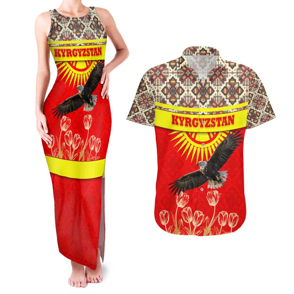 Kyrgyzstan Eagle and Tulip Couples Matching Tank Maxi Dress and Hawaiian Shirt with Red Ethnic Pattern with National Sun Emblem - Wonder Print Shop
