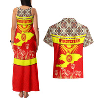 Kyrgyzstan Eagle and Tulip Couples Matching Tank Maxi Dress and Hawaiian Shirt with Red Ethnic Pattern with National Sun Emblem - Wonder Print Shop