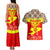 Kyrgyzstan Eagle and Tulip Couples Matching Tank Maxi Dress and Hawaiian Shirt with Red Ethnic Pattern with National Sun Emblem - Wonder Print Shop