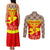 Kyrgyzstan Eagle and Tulip Couples Matching Tank Maxi Dress and Long Sleeve Button Shirt with Red Ethnic Pattern with National Sun Emblem - Wonder Print Shop