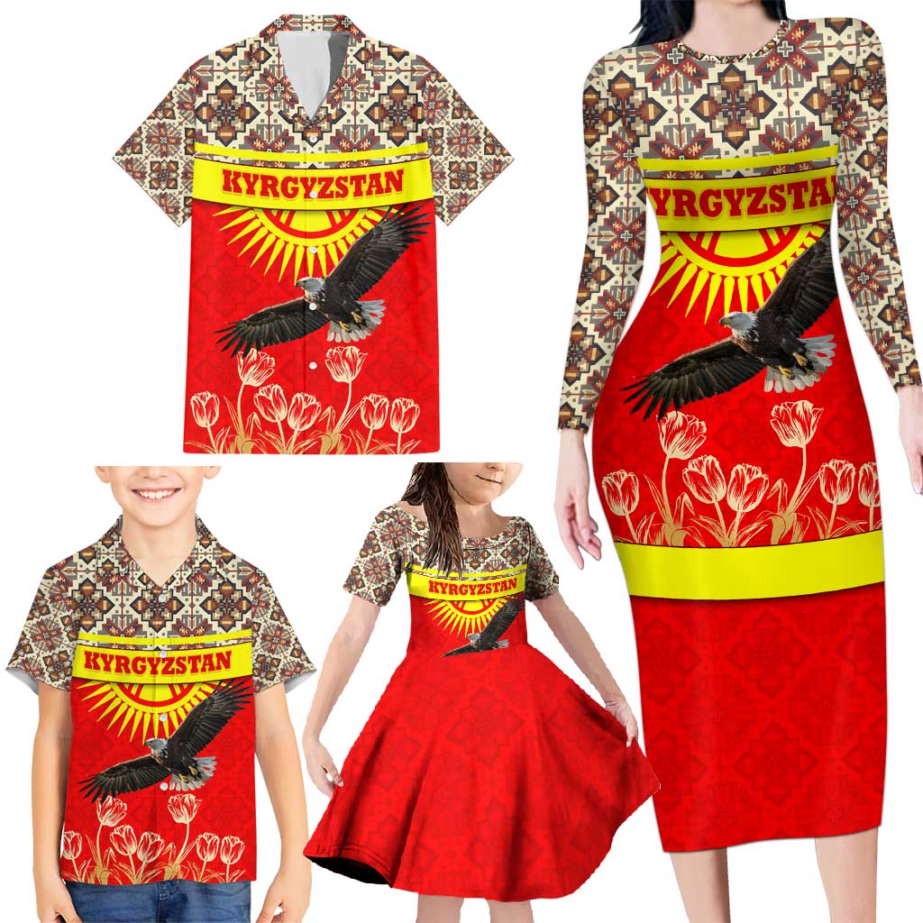 Kyrgyzstan Eagle and Tulip Family Matching Long Sleeve Bodycon Dress and Hawaiian Shirt with Red Ethnic Pattern with National Sun Emblem - Wonder Print Shop