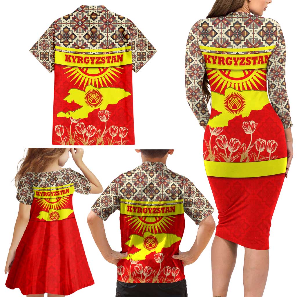 Kyrgyzstan Eagle and Tulip Family Matching Long Sleeve Bodycon Dress and Hawaiian Shirt with Red Ethnic Pattern with National Sun Emblem - Wonder Print Shop
