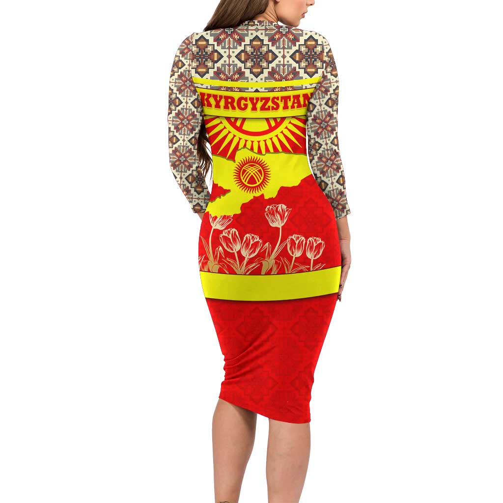 Kyrgyzstan Eagle and Tulip Family Matching Long Sleeve Bodycon Dress and Hawaiian Shirt with Red Ethnic Pattern with National Sun Emblem - Wonder Print Shop