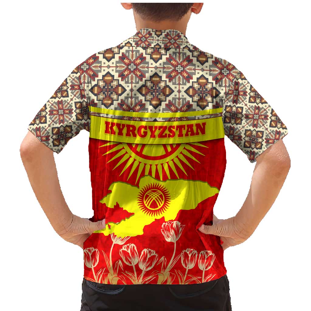 Kyrgyzstan Eagle and Tulip Family Matching Mermaid Dress and Hawaiian Shirt with Red Ethnic Pattern with National Sun Emblem - Wonder Print Shop