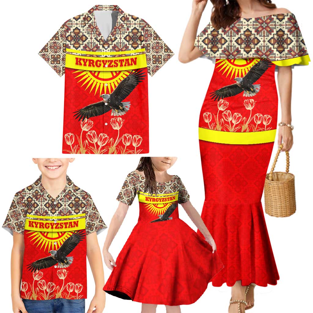Kyrgyzstan Eagle and Tulip Family Matching Mermaid Dress and Hawaiian Shirt with Red Ethnic Pattern with National Sun Emblem - Wonder Print Shop