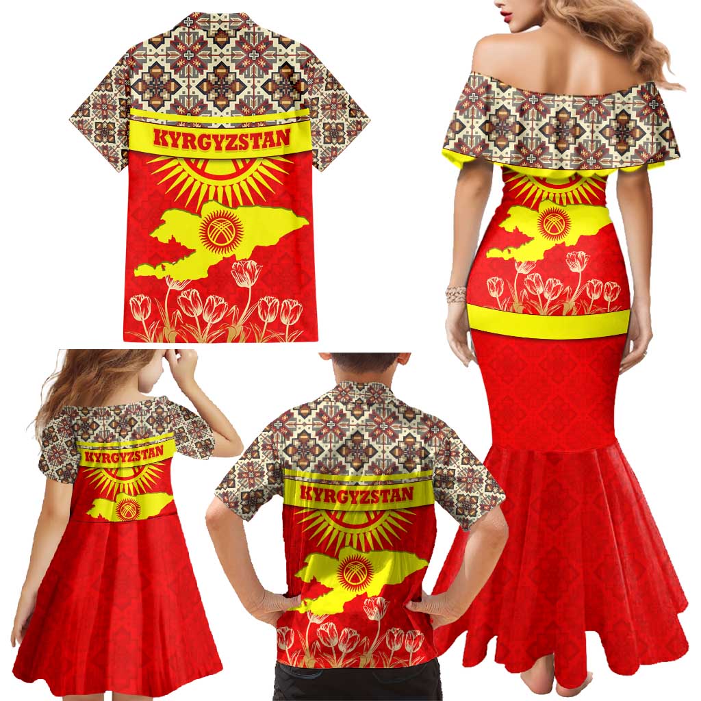 Kyrgyzstan Eagle and Tulip Family Matching Mermaid Dress and Hawaiian Shirt with Red Ethnic Pattern with National Sun Emblem - Wonder Print Shop