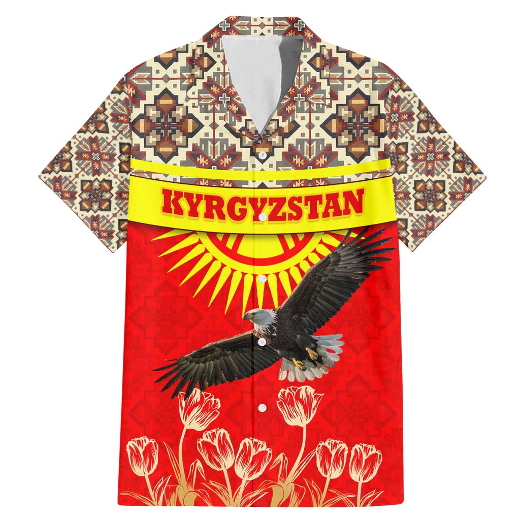 Kyrgyzstan Eagle and Tulip Family Matching Mermaid Dress and Hawaiian Shirt with Red Ethnic Pattern with National Sun Emblem - Wonder Print Shop