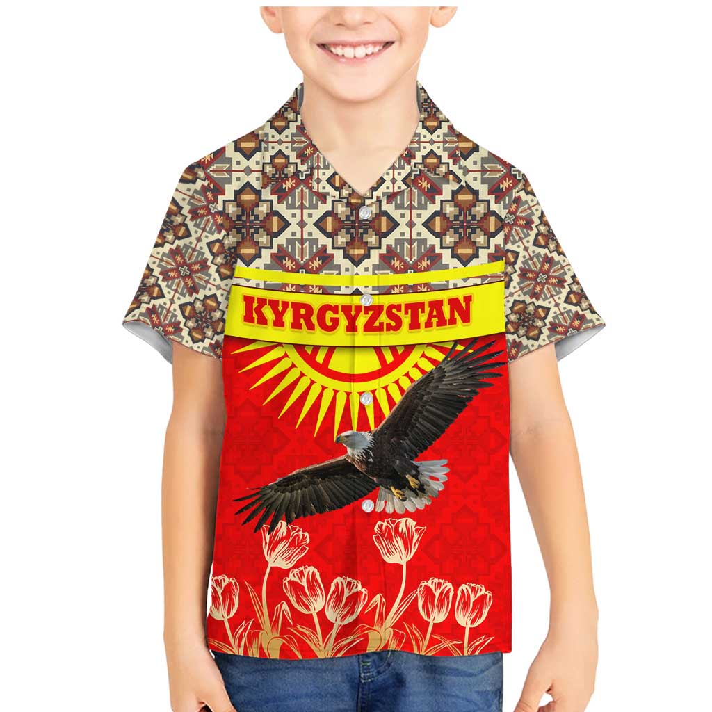 Kyrgyzstan Eagle and Tulip Family Matching Mermaid Dress and Hawaiian Shirt with Red Ethnic Pattern with National Sun Emblem - Wonder Print Shop