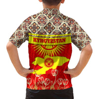 Kyrgyzstan Eagle and Tulip Family Matching Off The Shoulder Long Sleeve Dress and Hawaiian Shirt with Red Ethnic Pattern with National Sun Emblem - Wonder Print Shop