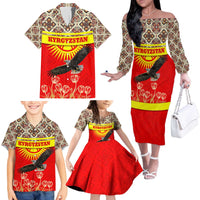 Kyrgyzstan Eagle and Tulip Family Matching Off The Shoulder Long Sleeve Dress and Hawaiian Shirt with Red Ethnic Pattern with National Sun Emblem - Wonder Print Shop