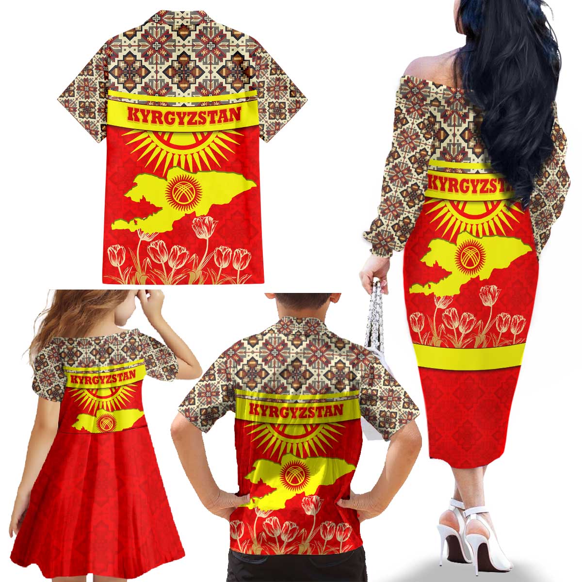Kyrgyzstan Eagle and Tulip Family Matching Off The Shoulder Long Sleeve Dress and Hawaiian Shirt with Red Ethnic Pattern with National Sun Emblem - Wonder Print Shop
