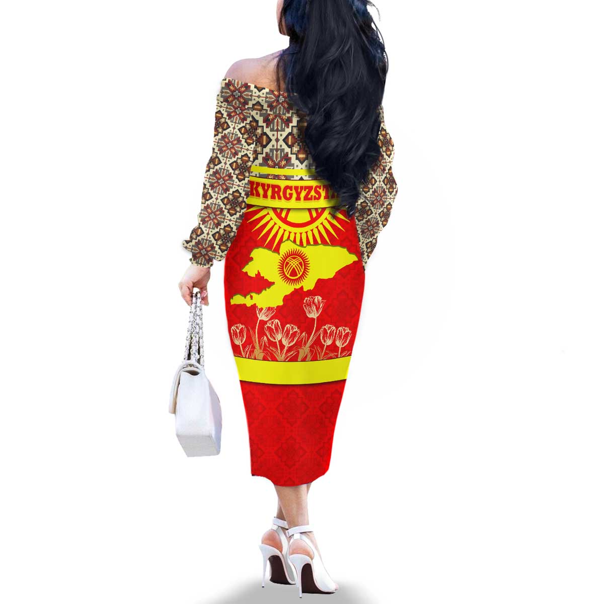 Kyrgyzstan Eagle and Tulip Family Matching Off The Shoulder Long Sleeve Dress and Hawaiian Shirt with Red Ethnic Pattern with National Sun Emblem - Wonder Print Shop