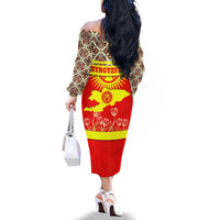 Kyrgyzstan Eagle and Tulip Family Matching Off The Shoulder Long Sleeve Dress and Hawaiian Shirt with Red Ethnic Pattern with National Sun Emblem - Wonder Print Shop