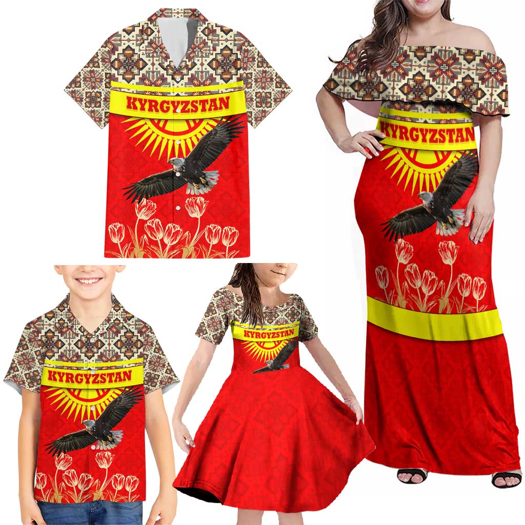 Kyrgyzstan Eagle and Tulip Family Matching Off Shoulder Maxi Dress and Hawaiian Shirt with Red Ethnic Pattern with National Sun Emblem - Wonder Print Shop