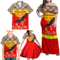 Kyrgyzstan Eagle and Tulip Family Matching Off Shoulder Maxi Dress and Hawaiian Shirt with Red Ethnic Pattern with National Sun Emblem - Wonder Print Shop