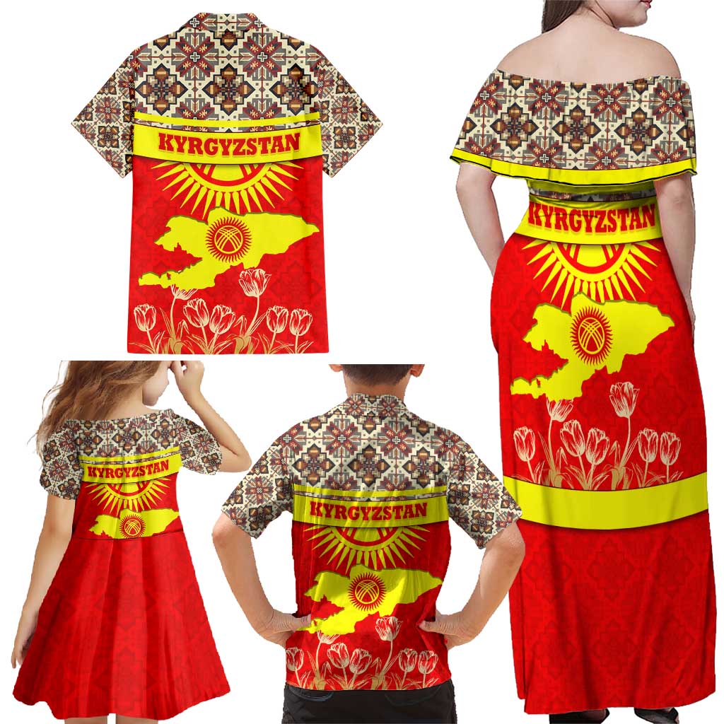 Kyrgyzstan Eagle and Tulip Family Matching Off Shoulder Maxi Dress and Hawaiian Shirt with Red Ethnic Pattern with National Sun Emblem - Wonder Print Shop