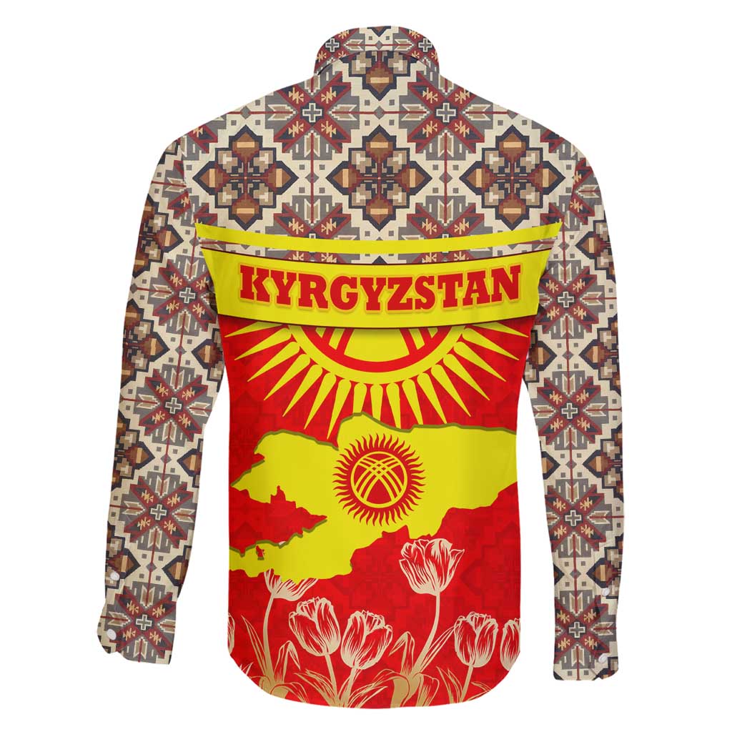 Kyrgyzstan Eagle and Tulip Family Matching Off Shoulder Maxi Dress and Hawaiian Shirt with Red Ethnic Pattern with National Sun Emblem - Wonder Print Shop