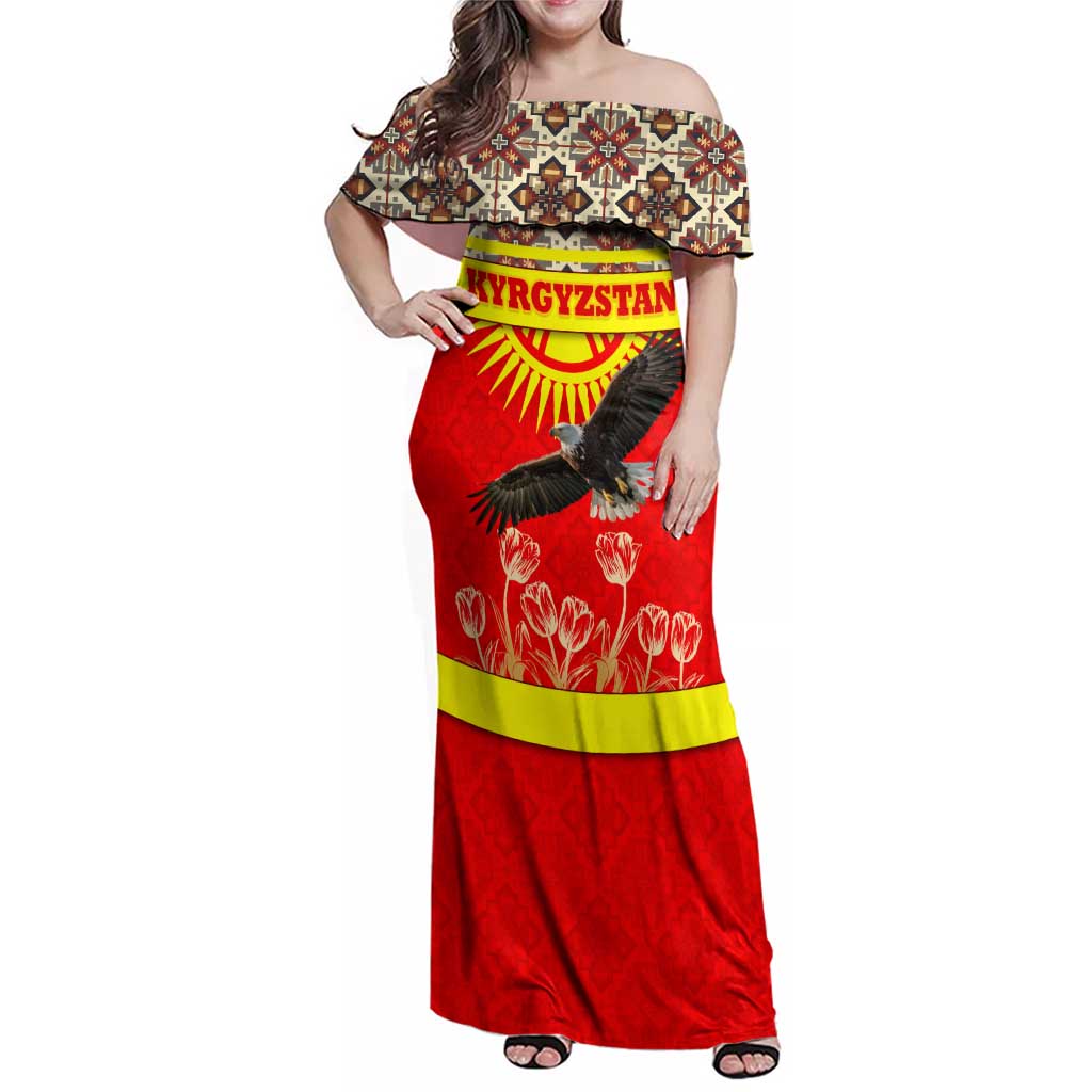 Kyrgyzstan Eagle and Tulip Family Matching Off Shoulder Maxi Dress and Hawaiian Shirt with Red Ethnic Pattern with National Sun Emblem - Wonder Print Shop