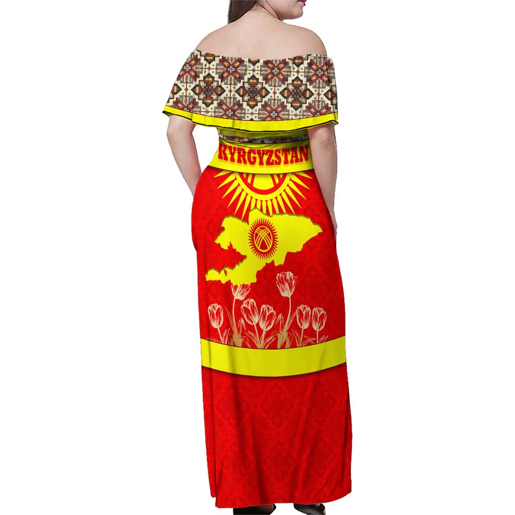 Kyrgyzstan Eagle and Tulip Family Matching Off Shoulder Maxi Dress and Hawaiian Shirt with Red Ethnic Pattern with National Sun Emblem - Wonder Print Shop