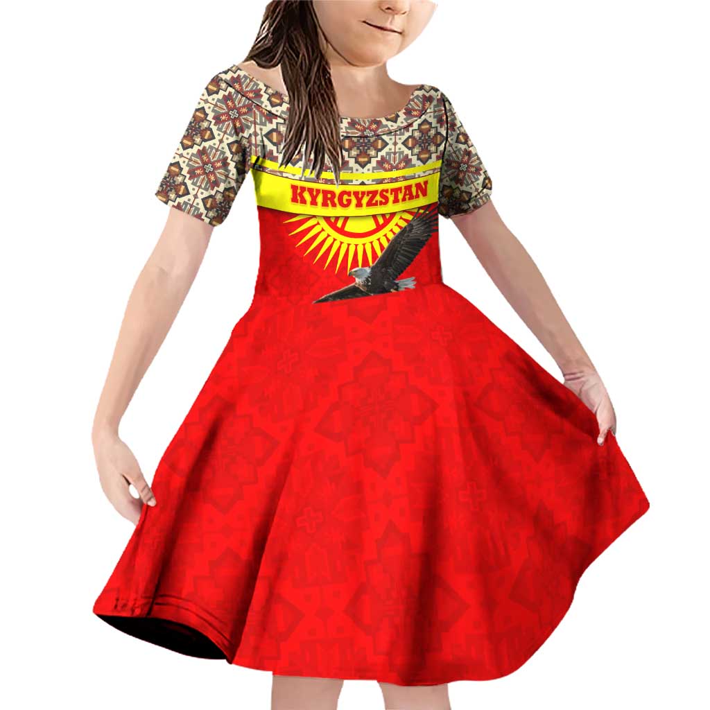 Kyrgyzstan Eagle and Tulip Family Matching Off Shoulder Short Dress and Hawaiian Shirt with Red Ethnic Pattern with National Sun Emblem - Wonder Print Shop