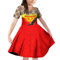 Kyrgyzstan Eagle and Tulip Family Matching Off Shoulder Short Dress and Hawaiian Shirt with Red Ethnic Pattern with National Sun Emblem - Wonder Print Shop