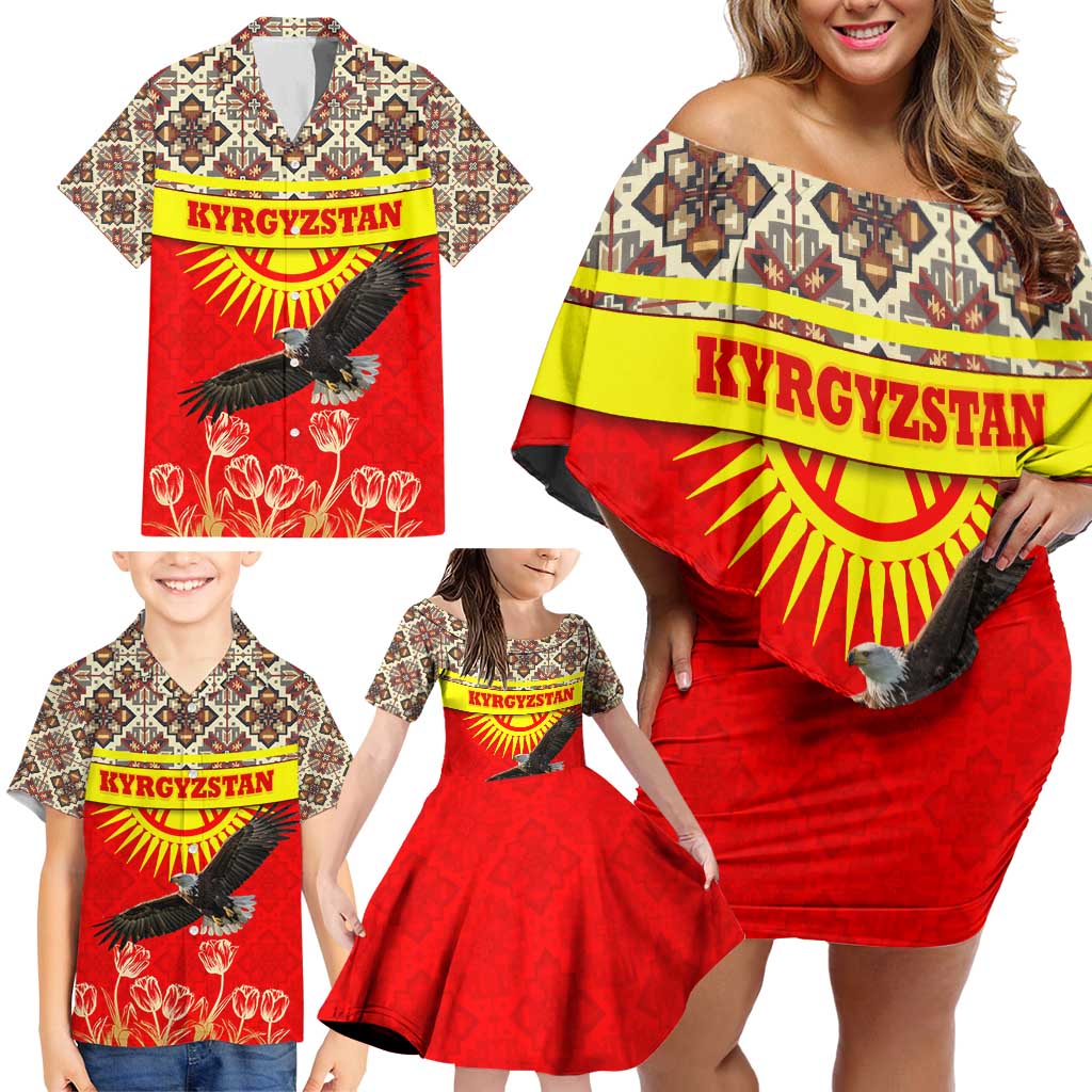 Kyrgyzstan Eagle and Tulip Family Matching Off Shoulder Short Dress and Hawaiian Shirt with Red Ethnic Pattern with National Sun Emblem - Wonder Print Shop
