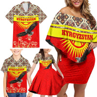 Kyrgyzstan Eagle and Tulip Family Matching Off Shoulder Short Dress and Hawaiian Shirt with Red Ethnic Pattern with National Sun Emblem - Wonder Print Shop