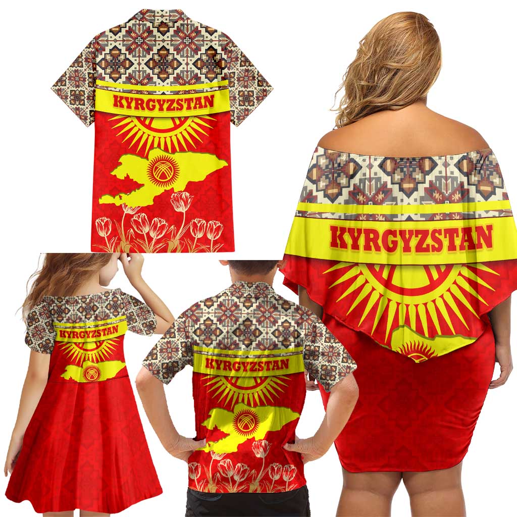 Kyrgyzstan Eagle and Tulip Family Matching Off Shoulder Short Dress and Hawaiian Shirt with Red Ethnic Pattern with National Sun Emblem - Wonder Print Shop