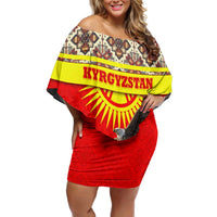 Kyrgyzstan Eagle and Tulip Family Matching Off Shoulder Short Dress and Hawaiian Shirt with Red Ethnic Pattern with National Sun Emblem - Wonder Print Shop