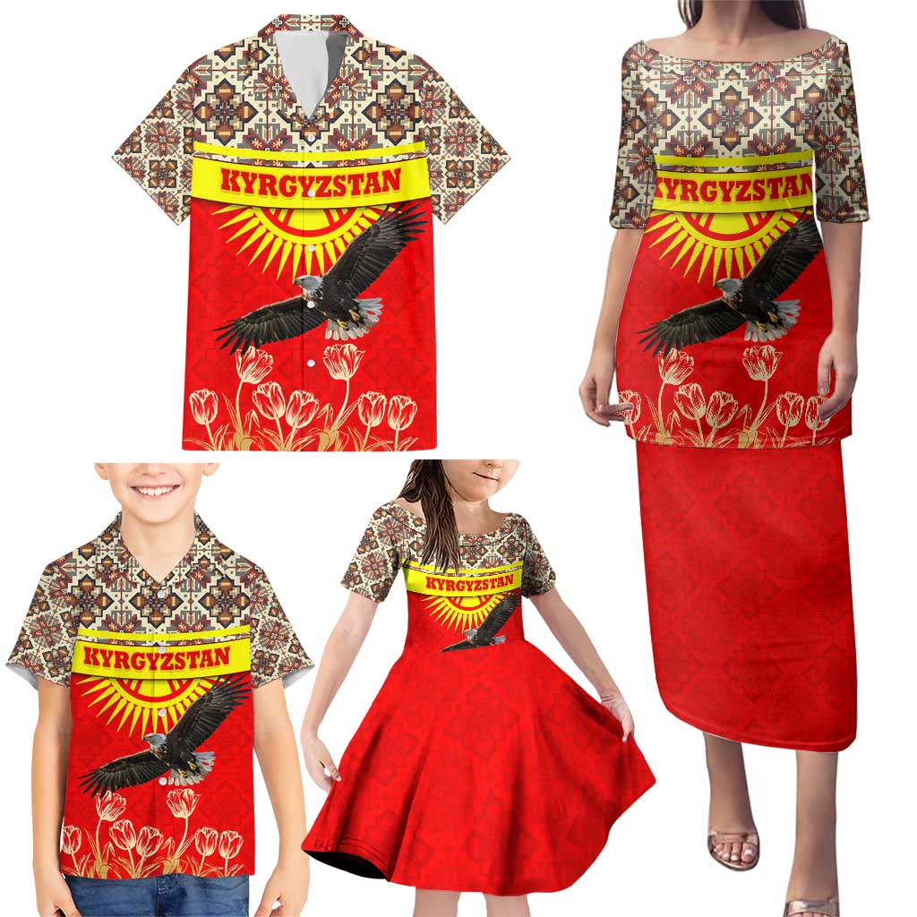 Kyrgyzstan Eagle and Tulip Family Matching Puletasi and Hawaiian Shirt with Red Ethnic Pattern with National Sun Emblem - Wonder Print Shop