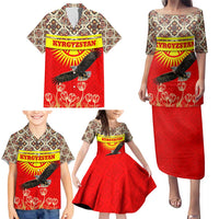 Kyrgyzstan Eagle and Tulip Family Matching Puletasi and Hawaiian Shirt with Red Ethnic Pattern with National Sun Emblem - Wonder Print Shop