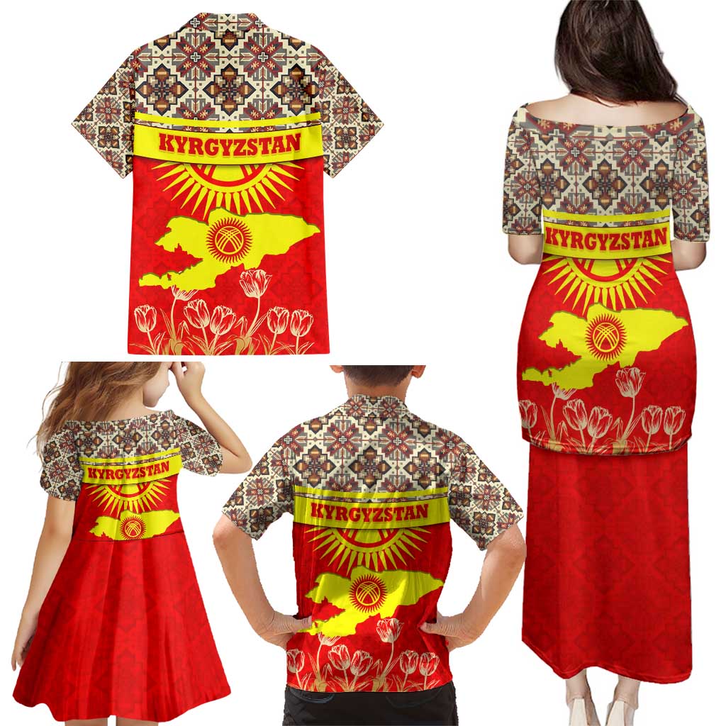 Kyrgyzstan Eagle and Tulip Family Matching Puletasi and Hawaiian Shirt with Red Ethnic Pattern with National Sun Emblem - Wonder Print Shop