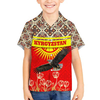 Kyrgyzstan Eagle and Tulip Family Matching Puletasi and Hawaiian Shirt with Red Ethnic Pattern with National Sun Emblem - Wonder Print Shop