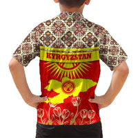 Kyrgyzstan Eagle and Tulip Family Matching Short Sleeve Bodycon Dress and Hawaiian Shirt with Red Ethnic Pattern with National Sun Emblem - Wonder Print Shop