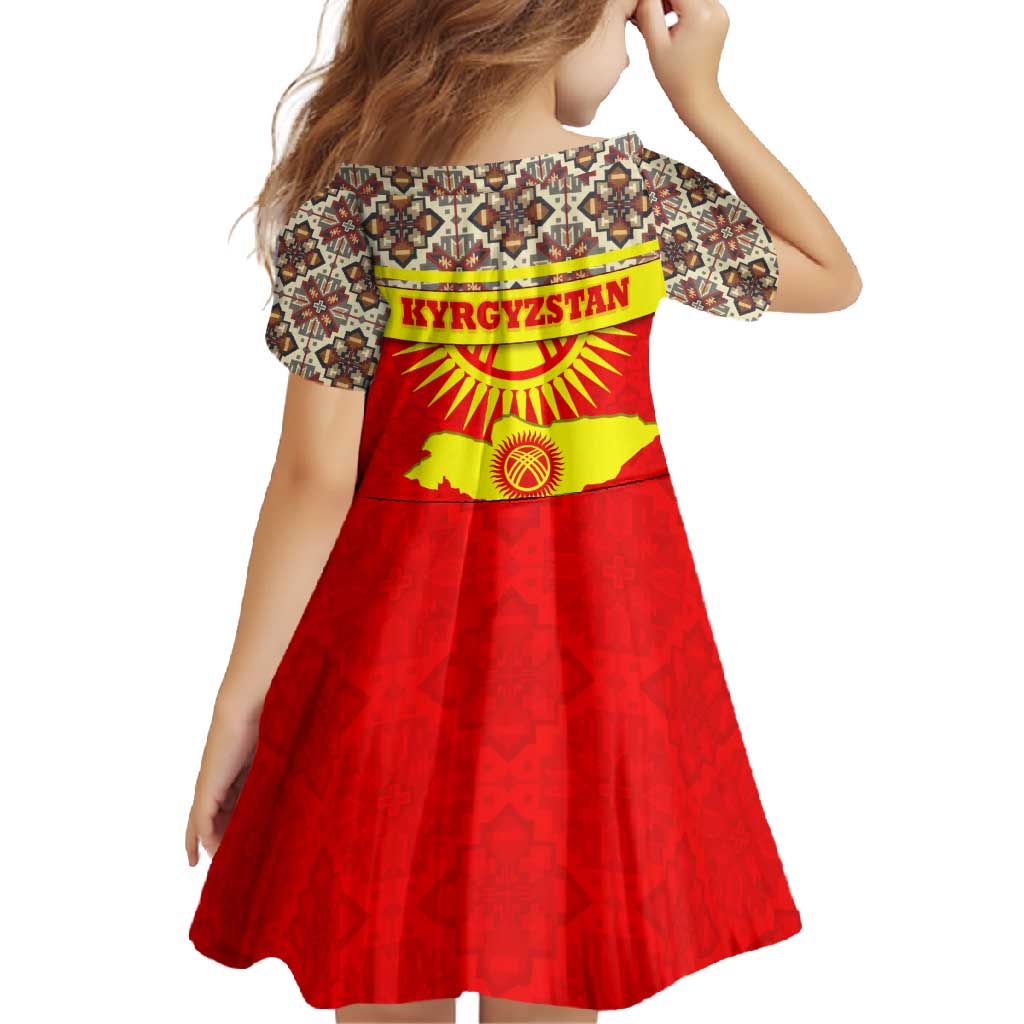 Kyrgyzstan Eagle and Tulip Family Matching Short Sleeve Bodycon Dress and Hawaiian Shirt with Red Ethnic Pattern with National Sun Emblem - Wonder Print Shop