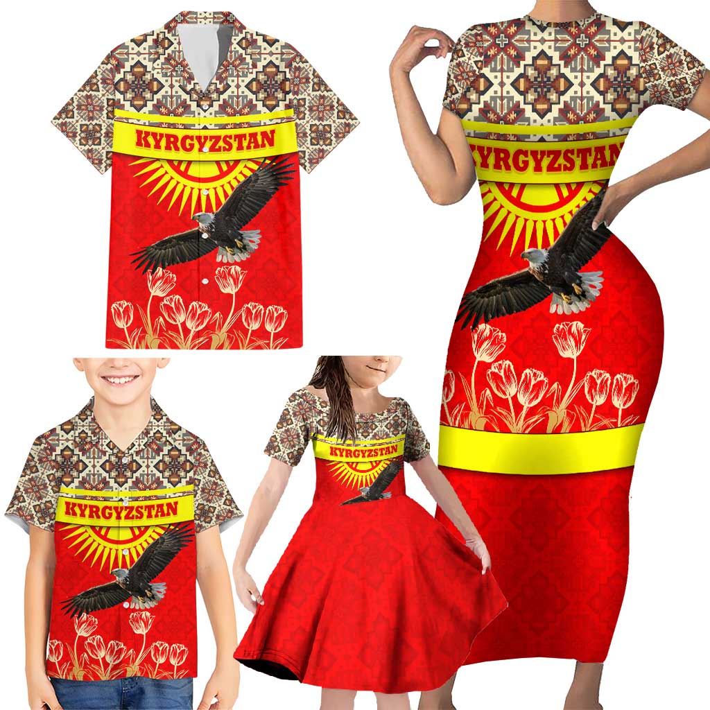 Kyrgyzstan Eagle and Tulip Family Matching Short Sleeve Bodycon Dress and Hawaiian Shirt with Red Ethnic Pattern with National Sun Emblem - Wonder Print Shop