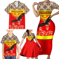 Kyrgyzstan Eagle and Tulip Family Matching Short Sleeve Bodycon Dress and Hawaiian Shirt with Red Ethnic Pattern with National Sun Emblem - Wonder Print Shop