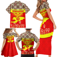 Kyrgyzstan Eagle and Tulip Family Matching Short Sleeve Bodycon Dress and Hawaiian Shirt with Red Ethnic Pattern with National Sun Emblem - Wonder Print Shop
