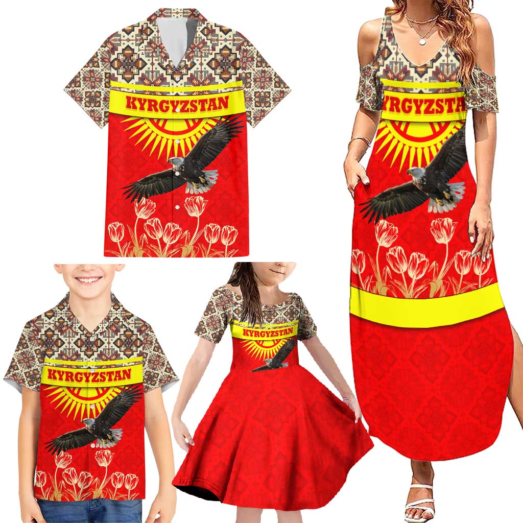 Kyrgyzstan Eagle and Tulip Family Matching Summer Maxi Dress and Hawaiian Shirt with Red Ethnic Pattern with National Sun Emblem - Wonder Print Shop