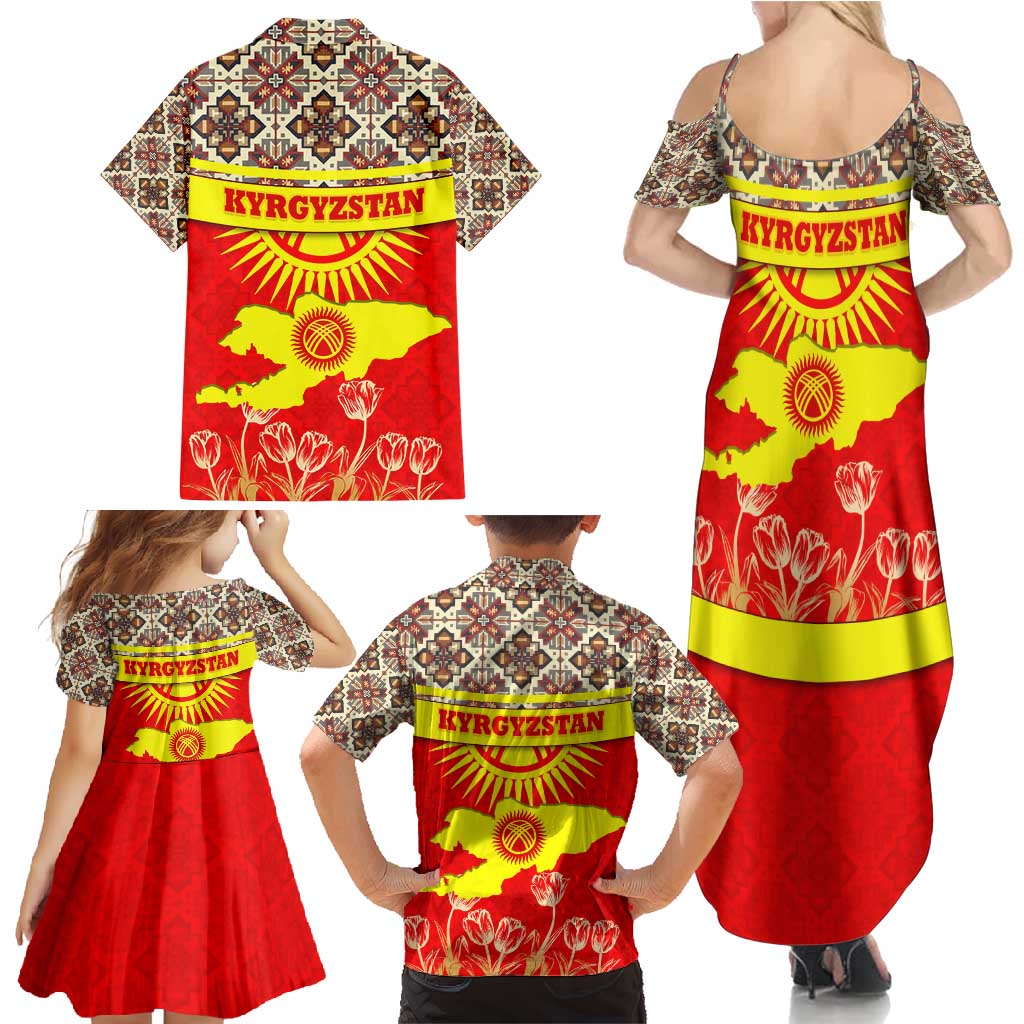 Kyrgyzstan Eagle and Tulip Family Matching Summer Maxi Dress and Hawaiian Shirt with Red Ethnic Pattern with National Sun Emblem - Wonder Print Shop